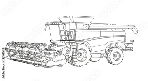 Detailed line drawing of a modern combine harvester for agricultural farming.