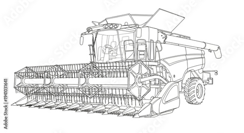 Detailed line drawing of a modern combine harvester, an agricultural machine used for harvesting grain crops in fields.