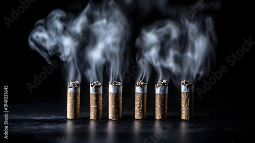 Smoking cigarettes emitting smoke on dark background
