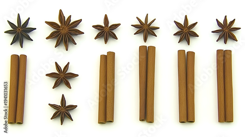 Warm spices arranged on white background for culinary use