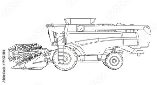 Detailed line drawing of a modern combine harvester for agricultural use.