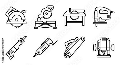 Power tools set isolated vector outline drawing for construction work and repair project design