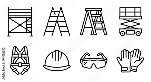 Safety equipment and construction tools vector outline drawing to provide safety at work site
