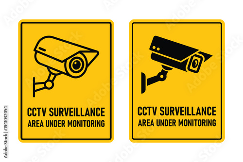 Yellow CCTV Surveillance Camera Security Area Monitoring Protection Safety Warning Vector Illustration for Property Guard Branding yellow cctv surveillance camera security area