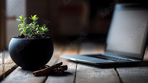 Small potted plant on wooden desk with laptop and cinnamon sticks