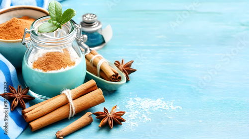 Delicious cinnamon spice drink in glass jar with star anise on blue wooden table