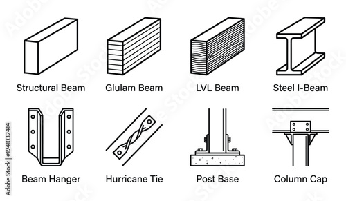 Set of home and building structural beam steel components joists and framing system elements isolated