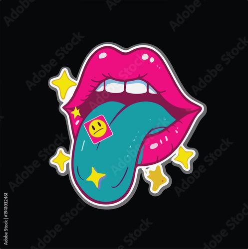 Psychedelic sticker design featuring bright pink lips and a tongue holding a blotter acid tab