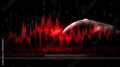 Hand interacting with dynamic red sound wave graph on dark background