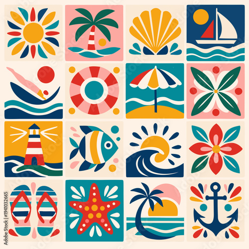 Set of colorful summer and beach icons vector illustration