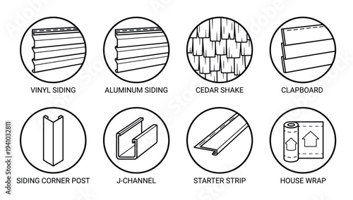 Siding installation elements line icons such as vinyl and aluminum for house construction