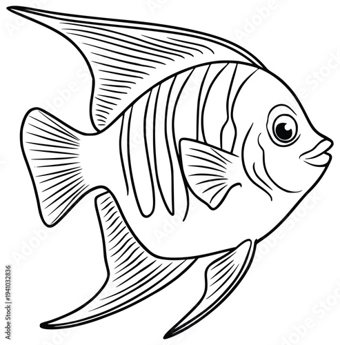 Elegant Angelfish: A graceful line drawing showcases the unique beauty of an angelfish, highlighting its distinctive form and intricate patterns.