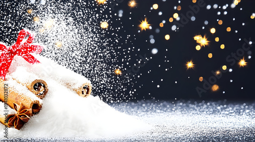 Snowy Christmas scene with cinnamon sticks and red bow on dark background with twinkling lights