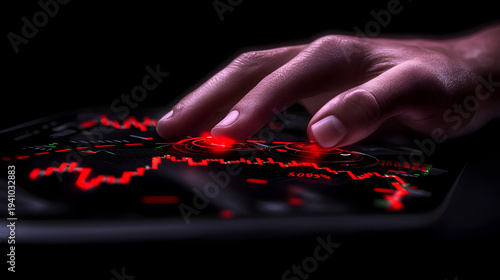Finger interacting with glowing red financial chart on dark touchscreen