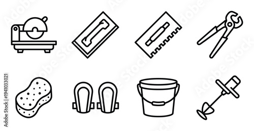 Tiles installation work tools line icons such as cutter and adhesive mixing equipment set