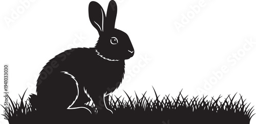 Black silhouette of a rabbit in the grass