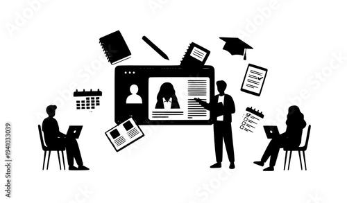 Distance learning banner with students studying online digital classroom and back to school education concept vector