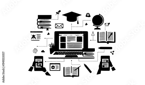Online education banner with virtual classroom students laptop learning and back to school concept vector illustration