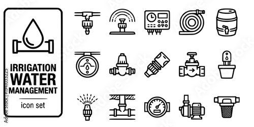 Irrigation Water Management Bold Line Icons-Drip Irrigation Sprinkler Head Controller Soaker Hose Water Butt Rain Sensor Pressure Regulator-15 Irrigation Icon Set Vector - Water Management Icons
