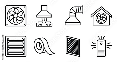 Ventilation system elements icons set exhaust fan air filter duct tape range hood air purifier
