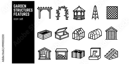 Garden Structures Features Bold Line Icons-Pergola Beam Arbor Arch Gazebo Octagonal Garden Obelisk Trellis Raised Bed Cold Frame Greenhouse Polytunnel-15 Garden Structures Icon Set Vector - Features I