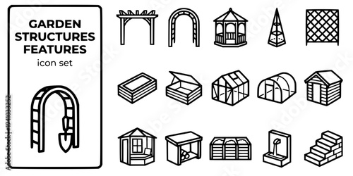 Garden Structures Features Bold Line Icons-Pergola Beam Arbor Arch Gazebo Octagonal Garden Obelisk Trellis Raised Bed Cold Frame Greenhouse Polytunnel-15 Garden Structures Icon Set Vector - Features I