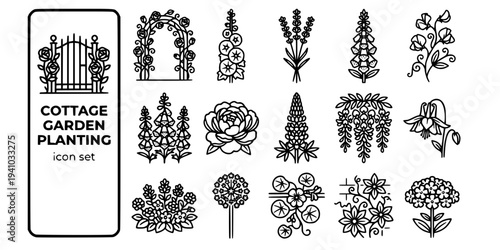 Cottage Garden Planting Bold Line Icons-Rambling Rose Hollyhock Lavender Foxglove Sweet Pea Delphinium Peony Lupine Wisteria Aquilegia Catmint Allium-15 Cottage Garden Icon Set Vector - Planting Icons