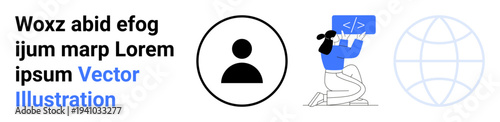 Digital identity, programming, internet innovation, technology, web development, global connectivity. A profile icon, woman coding and globe illustration. Digital identity and programming concepts