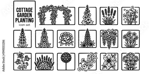 Cottage Garden Planting Bold Line Icons-Rambling Rose Hollyhock Lavender Foxglove Sweet Pea Delphinium Peony Lupine Wisteria Aquilegia Catmint Allium-15 Cottage Garden Icon Set Vector - Planting Icons