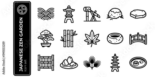 Japanese Zen Garden Bold Line Icons-Raked Gravel Stone Lantern Pagoda Bamboo Shishi-Odoshi Moss Stone Bonsai Pine Bamboo Grove Japanese Maple-15 Zen Garden Icon Set Vector - Japanese Garden Icons