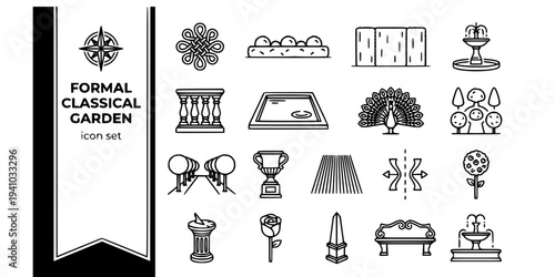 Formal Classical Garden Bold Line Icons-Parterre Knot Pattern Box Edging Clipped Yew Hedge Stone Balustrade Formal Pool Topiary Peacock Pleached Lime-15 Formal Garden Icon Set Vector - Classical Garde