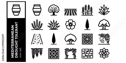 Mediterranean Drought Tolerant Garden Bold Line Icons-Terracotta Pot Olive Tree Lavender Field Rosemary Agave Cistus Gravel Path Cypress Fig Tree-15 Mediterranean Garden Icon Set Vector - Drought Tole