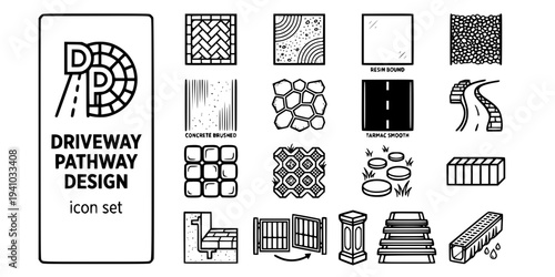 Driveway Pathway Design Bold Line Icons-Block Paving Herringbone Gravel Driveway Resin Bound Concrete Brushed Natural Stone Tarmac Granite Cobble-15 Driveway Design Icon Set Vector - Pathway Icons