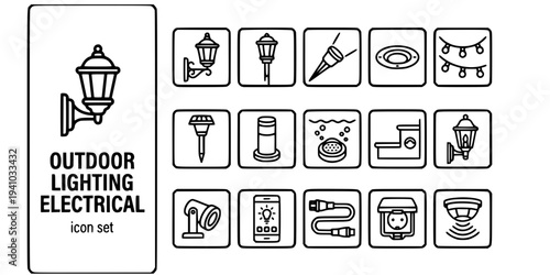 Outdoor Lighting Electrical Bold Line Icons-Wall Lantern Post Lantern Spike Uplighter Recessed Deck Light String Lights Solar Path Bollard Light-15 Outdoor Lighting Icon Set Vector - Electrical Icons