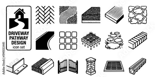 Driveway Pathway Design Bold Line Icons-Block Paving Herringbone Gravel Driveway Resin Bound Concrete Brushed Natural Stone Tarmac Granite Cobble-15 Driveway Design Icon Set Vector - Pathway Icons