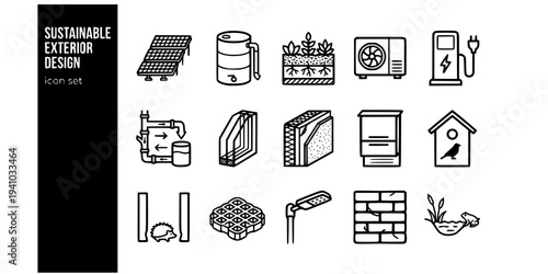 Sustainable Exterior Design Bold Line Icons-Solar Panel Roof Rainwater Harvesting Green Roof Air Source Heat Pump EV Charging Grey Water Triple Glazed-15 Sustainable Exterior Icon Set Vector - Eco Des