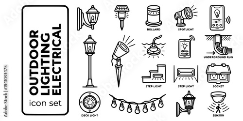 Outdoor Lighting Electrical Bold Line Icons-Wall Lantern Post Lantern Spike Uplighter Recessed Deck Light String Lights Solar Path Bollard Light-15 Outdoor Lighting Icon Set Vector - Electrical Icons