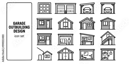 Garage Outbuilding Design Bold Line Icons-Garage Door Double Garage Carport Garden Office Garden Studio Log Cabin She-Shed Garage Conversion Storage Shed-15 Outbuilding Icon Set Vector - Garage Design