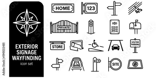 Exterior Signage Wayfinding Bold Line Icons-House Nameplate Number Plaque Directional Arrow Gate Entrance Sign Property Marker Intercom Mailbox Post-15 Exterior Signage Icon Set Vector - Wayfinding Ic