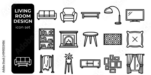 Living Room Design Bold Line Icons-Three Seat Sofa Armchair Coffee Table Floor Lamp Television Bookshelf Fireplace Side Table Rug Scatter Cushion-15 Living Room Icon Set Vector - Interior Design Icons