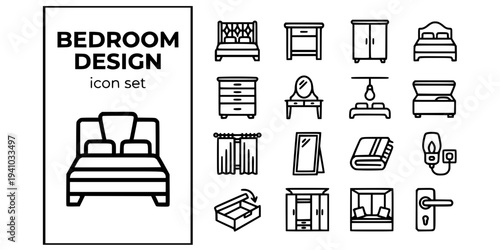 Bedroom Design Bold Line Icons-King Bed Headboard Bedside Table Wardrobe Double Door Chest of Drawers Dressing Table Pendant Light Blackout Curtain-15 Bedroom Design Icon Set Vector - Interior Icons