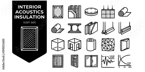 Interior Acoustics Insulation Bold Line Icons-Acoustic Panel Soundproof Wall Floating Floor Acoustic Ceiling Mass Loaded Vinyl Resilient Bar Double Stud-15 Acoustics Icon Set Vector - Interior Insulat