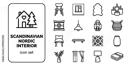 Scandinavian Nordic Interior Bold Line Icons-Light Wood Birch Furniture White Wall Sheepskin Rug Hygge Candle Woven Textile Pendant Lamp Black Iron Frame-15 Scandinavian Interior Icon Set Vector - Nor