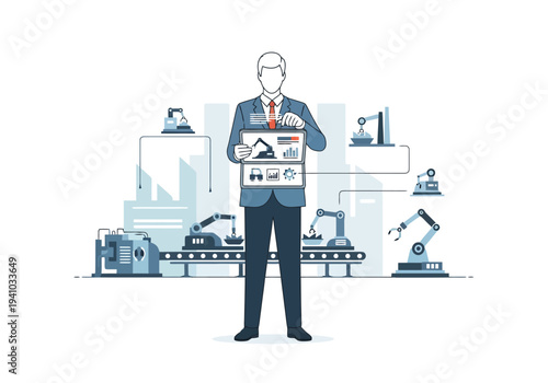 Industrial automation manager overseeing production line with robotic arms and digital interface displaying manufacturing data