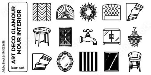 Art Deco Glamour Interior Bold Line Icons-Chevron Parquet Fan Motif Arch Sunburst Mirror Velvet Tufted Headboard Gold Trim Molding Marble Top Geometric Rug-15 Art Deco Interior Icon Set Vector - Glamo