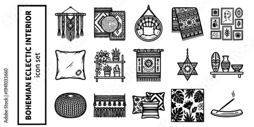 Bohemian Eclectic Interior Bold Line Icons-Macrame Wall Hanging Layered Rug Rattan Chair Patterned Throw Gallery Wall Velvet Cushion Plant Collection-15 Bohemian Interior Icon Set Vector - Eclectic 