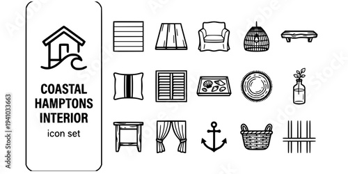 Coastal Hamptons Interior Bold Line Icons-Shiplap White Wall Bleached Oak Floor Linen Sofa Rattan Pendant Driftwood Shelf Navy Stripe Cushion Plantation Shutter-15 Coastal Interior Icon Set Vector - H