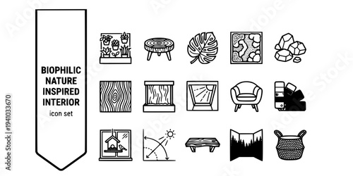 Biophilic Nature Inspired Interior Bold Line Icons-Living Wall Indoor Tree Trunk Table Large Leaf Plant Moss Wall Natural Stone Wood Grain Water Feature-15 Biophilic Interior Icon Set Vector - Nature 