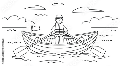 Man Rowing in a Boat: A solitary figure navigates serene waters, using oars to propel a wooden boat forward, embodying tranquility and self-reliance. 