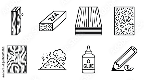 Woodworking materials icons set design elements lumber glue pencil wood planks plywood oriented strand